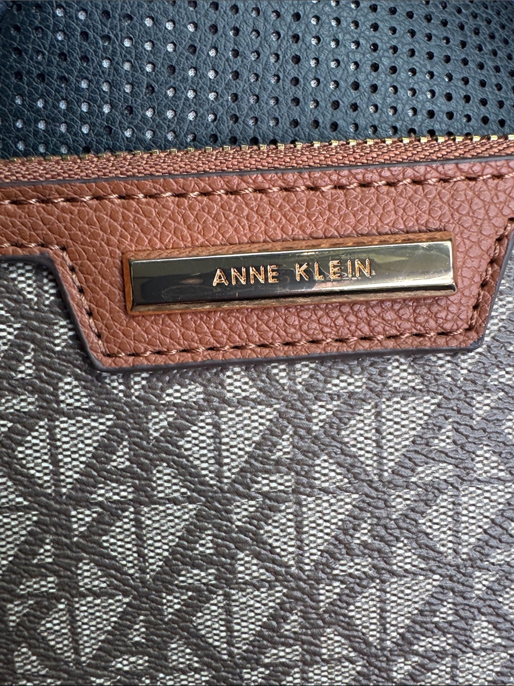 Anne Klein Brown Logo Print Wristlet Clutch with Tan Trim - Picture 3 of 6
